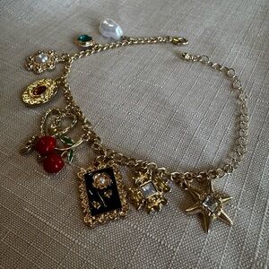 Gold Charm Bracelet – Cherry, Pearl, Starburst, Framed Rose, Vintage Style